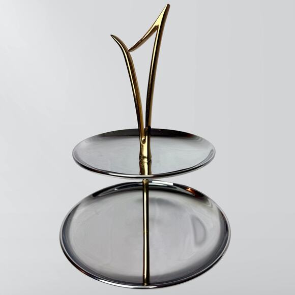 Vintage Mid Century MCM Atomic Chrome & Brass 2 Tiered Serving Tray - Picture 1 of 4